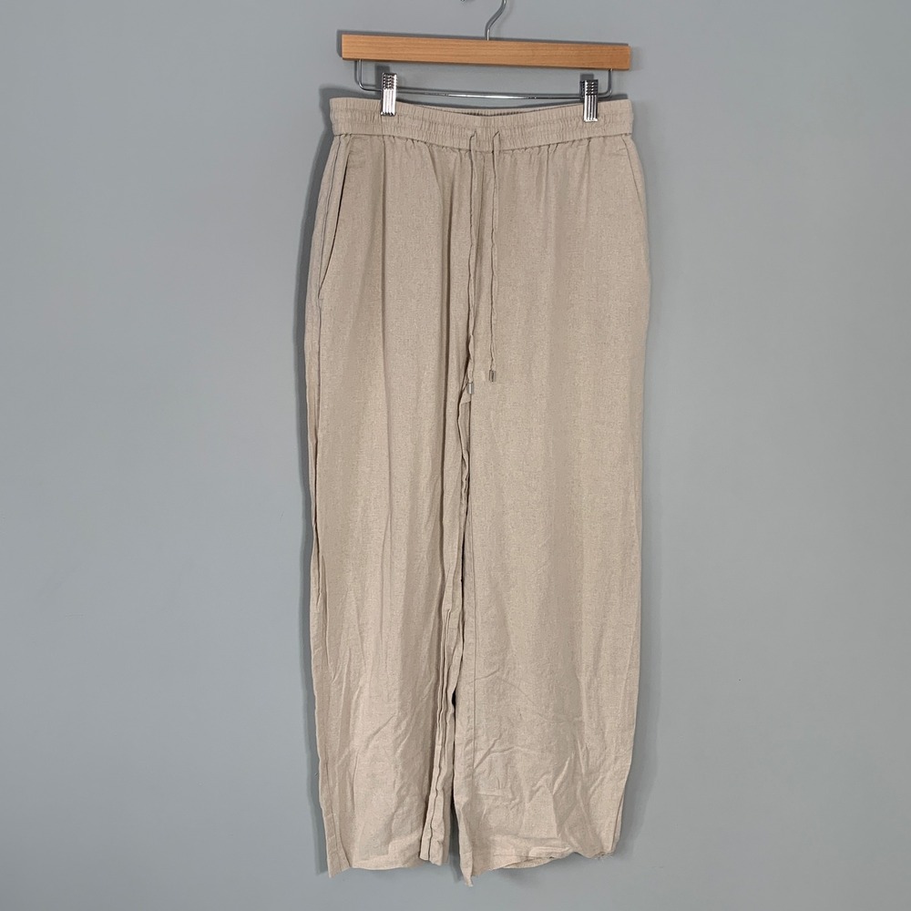 Zara‎ Linen Blend Wide Leg Drawstring Pants Beige Oatmeal Size Large